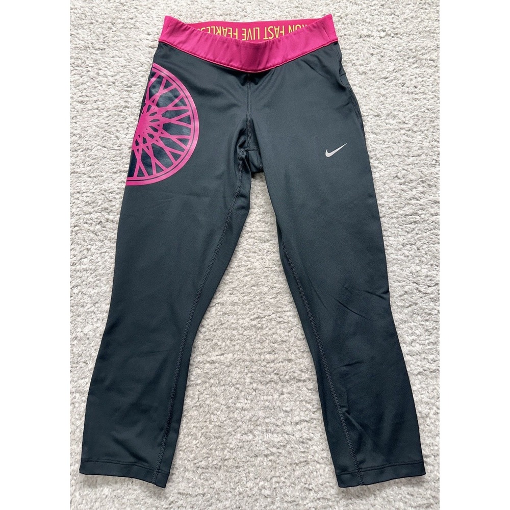 WOMENS NIKE DryFit  Gray Pink SoulCycle Cropped LEGGINGS XS Zipper Pocket‎